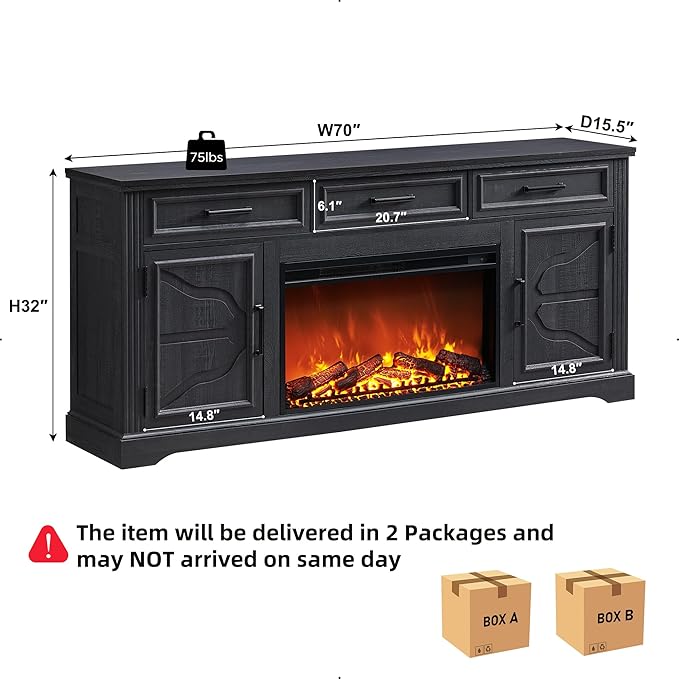 JXQTLINGMU Farmhouse Fireplace TV Stand for Up to 80 Inch TV, Entertainment Center with 30" Electric Fireplace for 65 75 Inch TV, 70" TV Stand with Storage Cabinet Drawer for Living Room (Black)