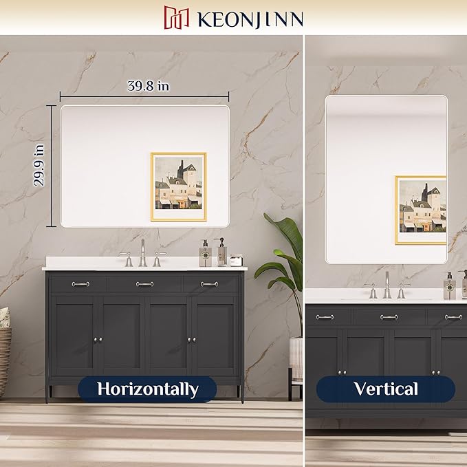 Keonjinn Brushed Nickel Mirror 40 x 30 Inch Large Silver Bathroom Mirror for Over Sink, Rounded Rectangle Farmhouse Vanity Mirror with Metal Frame, HD Tempered Glass Wall Mirror(Horizontal/Vertical)