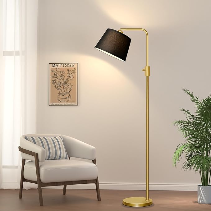 Nintiue Dimmable Gold Floor Lamp, 1000 LM LED Edison Bulb Included, Arc Floor Lamps for Living Room with Black Shade, Modern Standing Lamp Tall Lamps for Living Room Bedroom