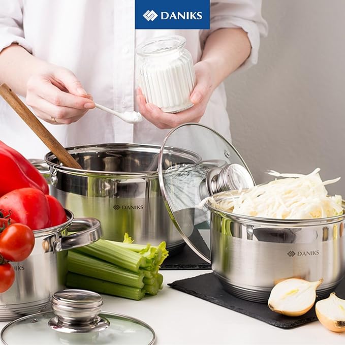 Daniks Standard 9-Piece Stainless Steel Induction Cookware Set, Saucepan, Dishwasher Safe Pots, Measuring Scale, Glass Lids, For Soup, Pasta, Stew, Silver