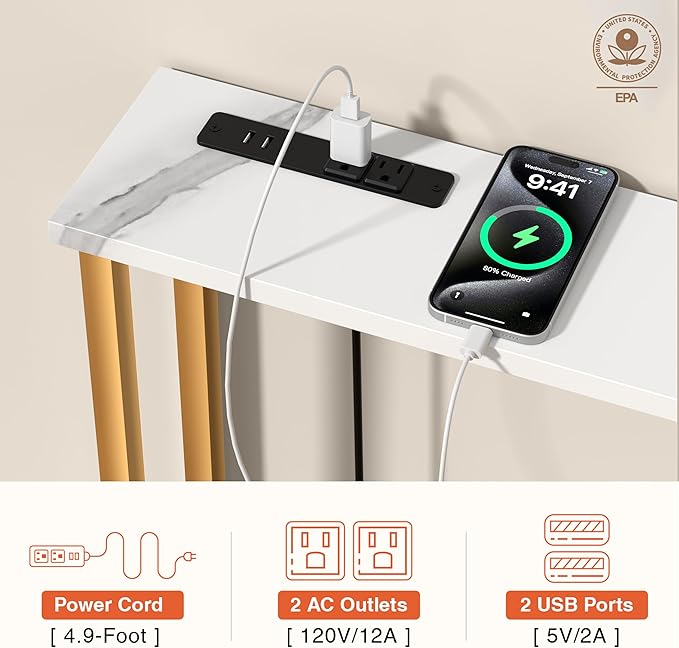 70Inch Console Table with Outlet, Sofa Table with Charger,Skinny Hallway Table, Narrow Entryway Table,Table Behind Sofa,for Living Room,Gold & White