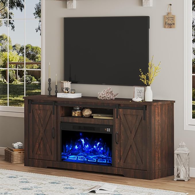 AMERLIFE Fireplace TV Stand with Sliding Barn Door for TVs up to 73", Farmhouse 63" Fireplace Entertainment Center with Storage Cabinets/Adjustable Shelves, Reclaimed Barnwood