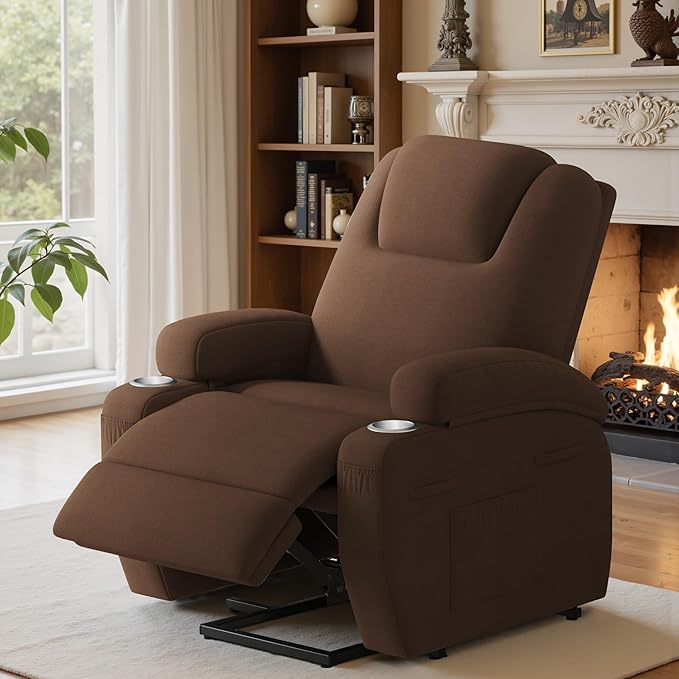 Power Lift Recliner Chair with Massage Electric Lift Chair for Elderly, Ergonomic Recliner with Cup Holders & Side Pockets, Modern Single Sofa for Living Room (Fabric, Brown)