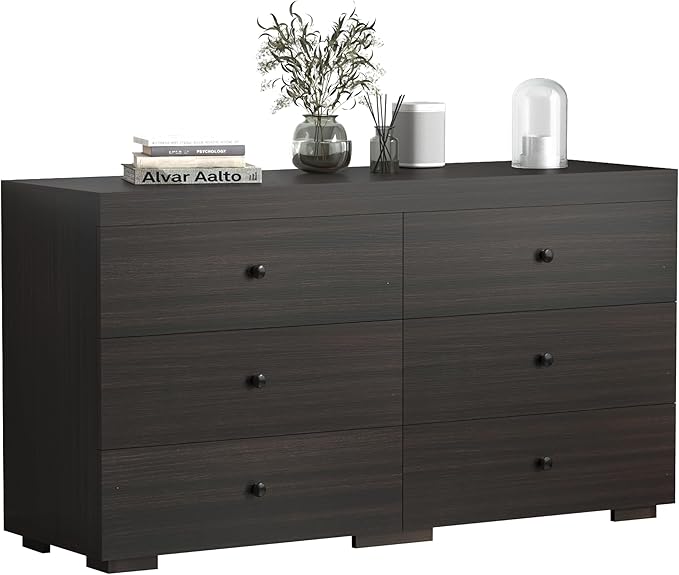 Dresser for Bedroom 6 Drawer Wood Dresser 58.3" Wide, Large Chest of Drawers for Bedroom, Living Room, Hallway, Entryway, Modern TV Stand Drawer Organizer,Dark Brown