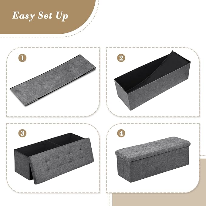 Athena Collection Ottoman Bench with Storage, 43 Inches Large End of Bed Storage Ottoman Bench, 130L Load 220 Lbs Linen Foot Rest for Bedroom, Living Room, Entyway, Dark Gray