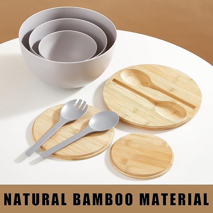 Salad Bowls Set of 3 with Lid & Serving Utensils, Bamboo Fiber Mixing Bowls Set Large Serving Bowls & Storage Set with Bamboo Lid for Salad, Kitchen Eating, Pasta, Popcorn, Chips, Fruit, Grey