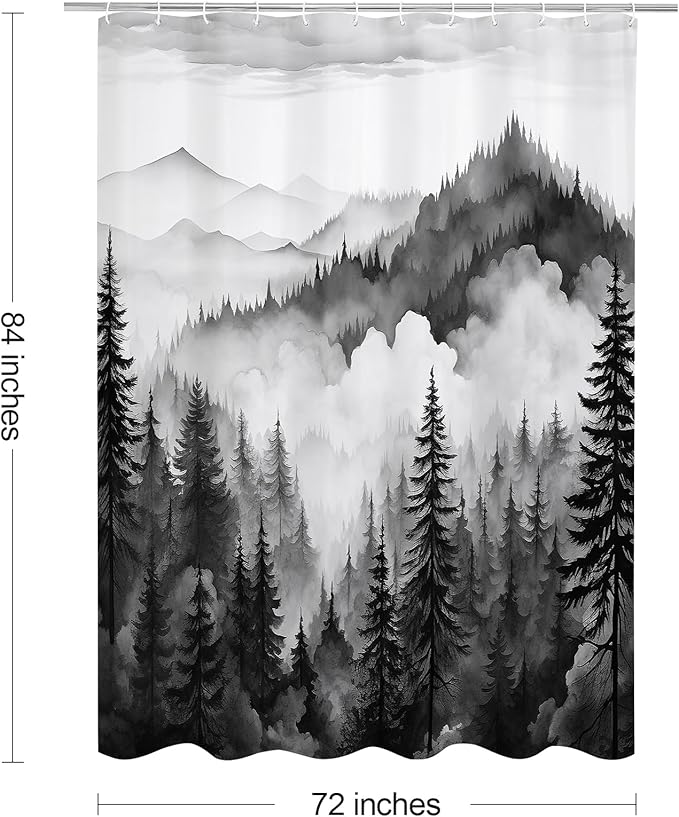 Black Extra Long Misty Pine Forest Shower Curtain 72 x 84, XL Mountain Foggy Woodland Scenery Tree Shower Curtains for Bathroom, Abstract Waterproof Nature-Themed Decor