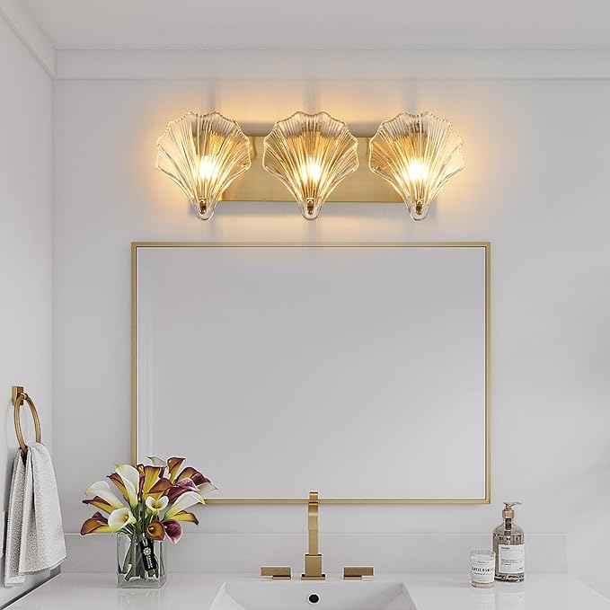 Bathroom Light Fixtures,3-Lights Vanity Lights Over Mirror,Modern Bathroom Wall Light with Clear Shell Shaped Glass Shades,Gold Wall Sconces for Bedroom Living Room Hallway Kitchen.