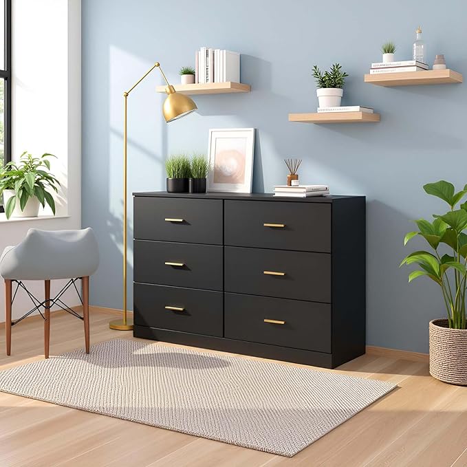 Modern 6 Drawer Dresser for Bedroom, Dresser Chest of Drawer with Large Drawers and Golden Handles, Wooden Dressers Drawer Storage Unit for Bedroom, Living Room or Closet (Black)