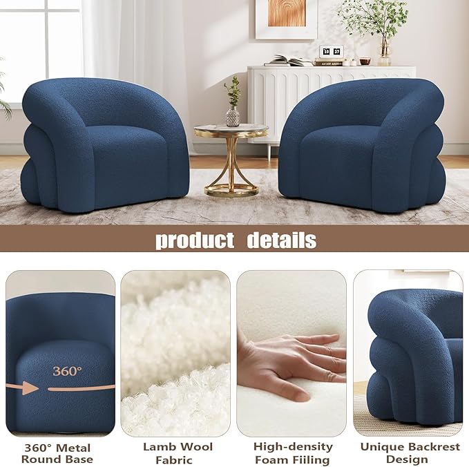 Swivel Accent Chair Set of 2,Upholstered Sherp Barrel Armchair 364Β° Round Modern Boucle Chair No Assembly for Living Room,Comfy Single Sofa Chairs for Bedroom(Navy Blue)