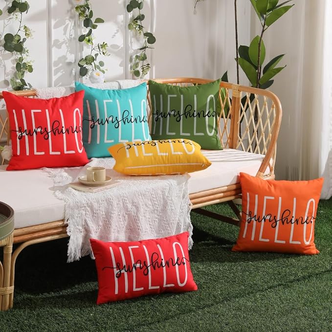 DFXSZ Outdoor Pillow Covers 20x20 Inch Set of 2 Hello Sunshine Decor Olive Green Waterproof Throw Pillow Covers Summer Outdoor Pillow Covers Decor for Patio Funiture Garden Sofa Couch 020G20