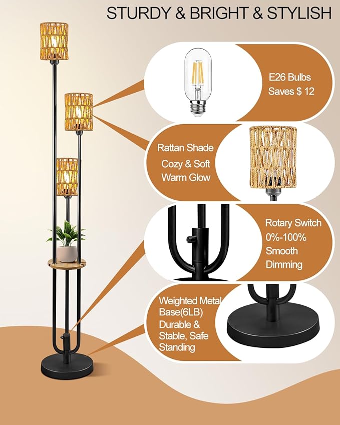 Lightdot Dimmable Boho Floor Lamps for Living Room, 3-Lights Rattan Floor Lamp with Shelves, 3000K Warmwhite Candle Holder Style Farmhouse Floor Lamp, Rustic Black Standing Lamp with Bulbs Included