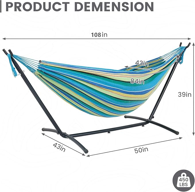 Lazy Daze Hammocks Double Hammock with 9FT Space Saving Steel Stand Includes Portable Carrying Case, 450 Pounds Capacity (Blue&Yellow)