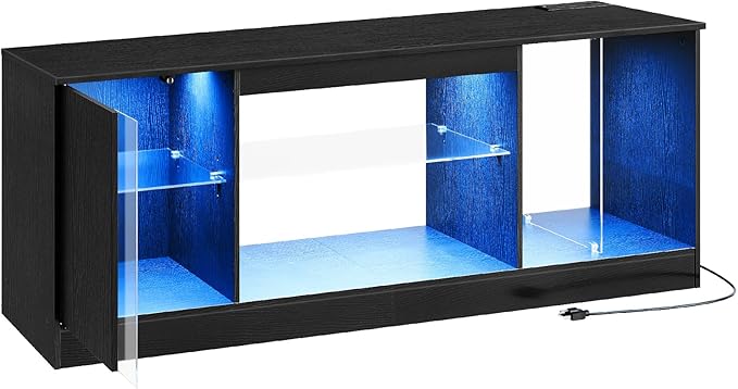 TV Stand with Power Outlets 55 65 inch, Modern Entertainment Center with Multi-Color LED Light, Media TV Console with Adjustable Glass Shelves for Living Room Black MDS01UDBB