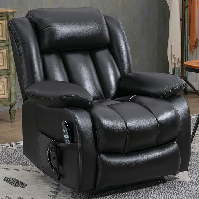 Dual Motor Large Recliner with Massage and Heat, Power Lift Chairs for Elderly, Leather Recliner Chairs for Adults with 2 Remote Controls, Black Big and Tall Recliner