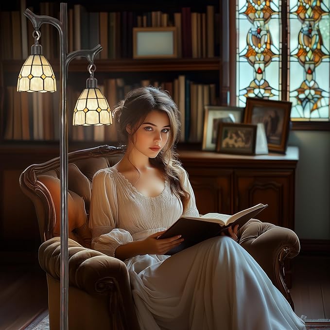 68" Tiffany Style Stained Glass Floor Lamp for Living Room,Modern Industrial Vintage Standing Floor Lamp for Bedroom,Stepless Dimmable Rustic Tree Trunk Tall Lamp for Study Room (Bulb Included)