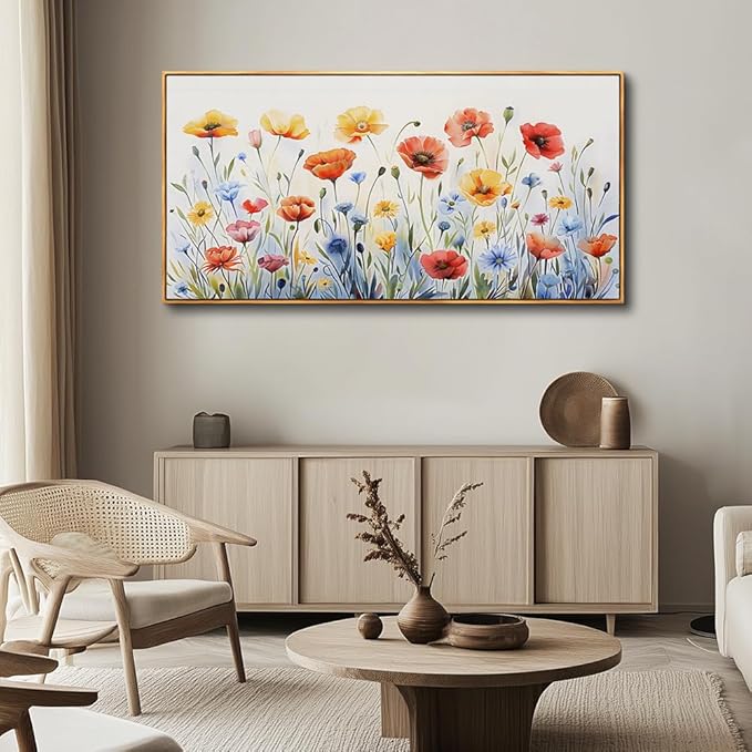 PHAOHUAXM Large Canvas Wall Decor For Living Room Wall Art For Bedroom Modern Gable art Framed Beach Posters Ink-Wash Flower Painting Dining Room Print Artwork Mural Home Decor Wood Frame 30"X60"