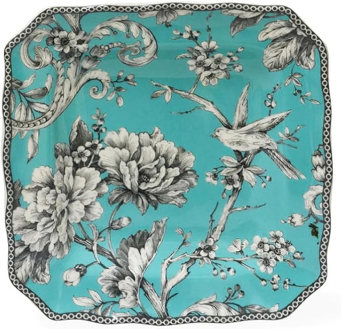 222 Fifth Adelaide 16-Piece Square Floral Dinnerware Set – Service for 4, Turquoise Porcelain Plate, Bowl & Mug Set, Chip Resistant, for Everyday Dining & Entertainment, Microwave & Dishwasher Safe