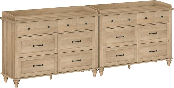 WAMPAT 12 Drawers Dresser for Bedroom, Set of 2 Farmhouse Dressers with 6 Drawers, Light Wood Kids Dresser for Closet, Wide Dressers Organizer for Living Room & Hallway, Oak