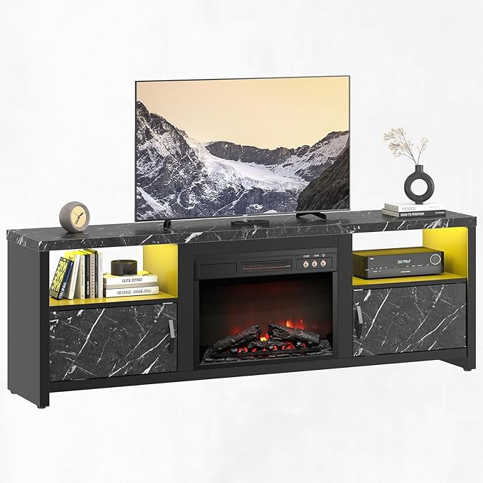 Bestier 70" Electric Fireplace TV Stand for TVs Up to 80", Modern Fireplace Entertainment Center with Storage Cabinets, LED Lights, Open Shelves and Cable Holes for Living Room, Black Marble
