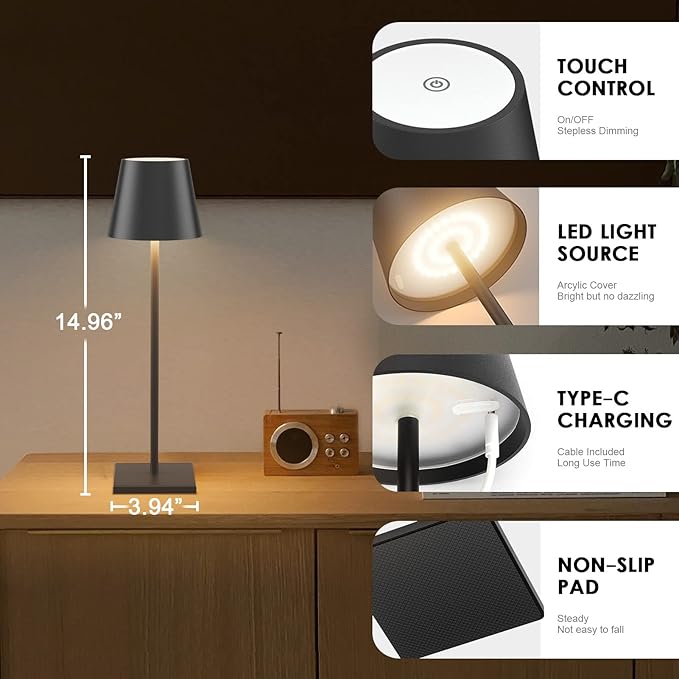 4-Pack LED Rechargeable Table Lamp, Battery Desk lamp 3W 6000mAh Battery Operated Stepless Dimming Modern Portable Table Light for Restaurant/Dinner/Bedroom/Outdoor IP54 Waterproof (Black)