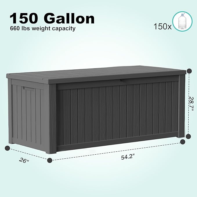 150Gal Outdoor Deck Box Waterproof, Lager Patio Storage Box Indoor and Outdoor Use, Lockable Resin Storage Bin for Patio Furniture Cushions Garden Tools, Package Delivery,UV Resistant-Black