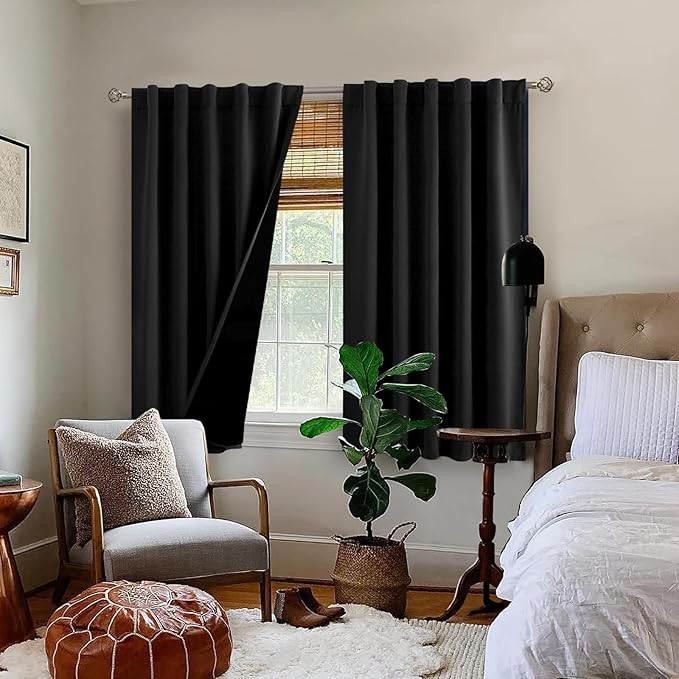 BGment 100% Blackout Curtains 40 Inch Length for Cafe, Rod Pocket and Back Tab Double Layer Thermal Insulated Full Room Darkening Bedroom Kitchen Curtains, 2 Window Panels, 42 x 40 Inch, Black