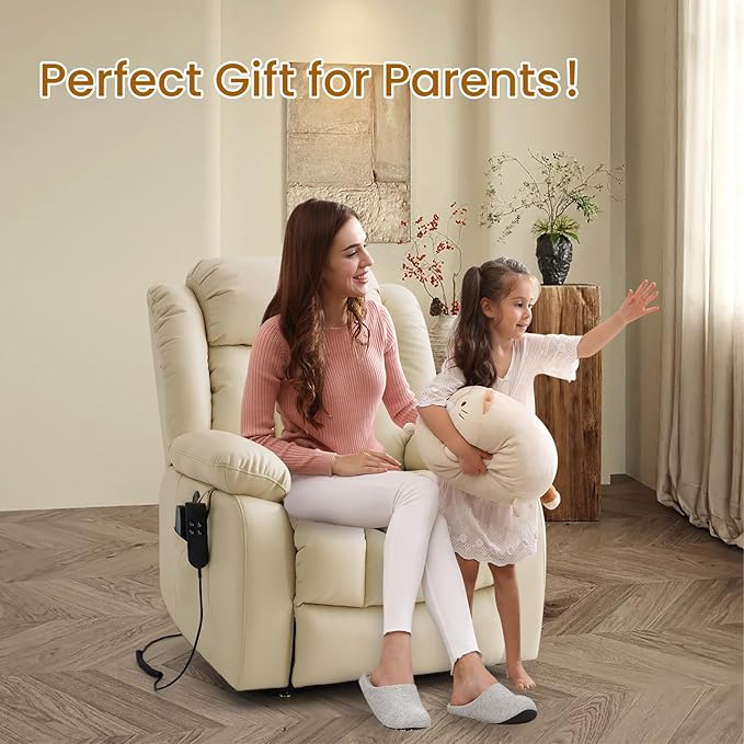 TEKAMON Power Lift Recliner Chair for Elderly with Heat & Massage, Dual Motor Genuine Leather Recliner, Lay Flat Sleeping Chairs with Infinite Position, RemoteControl(Beige, Extended)