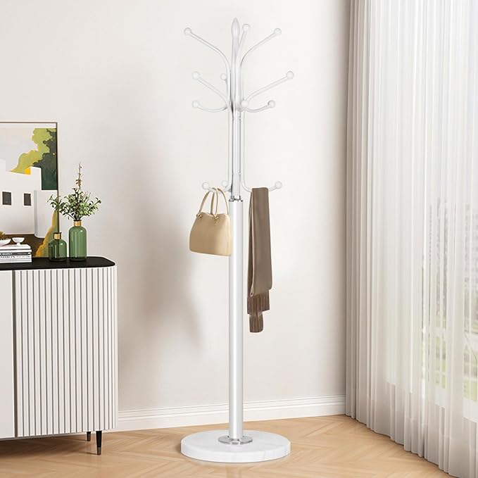 Metal Coat Rack Stand with Natural Marble Base, Coat Rack Freestanding, Free Standing Hall Tree with 12 Hooks for Hanging Clothes, Bags, Scarfs, Coat Hanger for Entryway, Hallway (White)