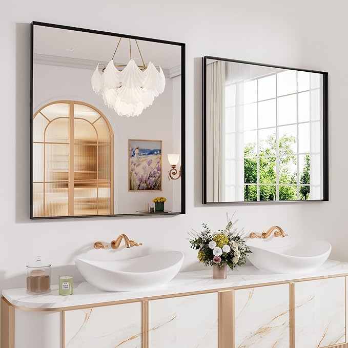 Black Bathroom Vanity Mirror 32x36 Inch, Rectangle Matte Black Bathroom Mirror, Square Corner, Tempered Glass, Bedroom, Living Room, Entryway, Wall Mounted(Vertical/Horizontal)