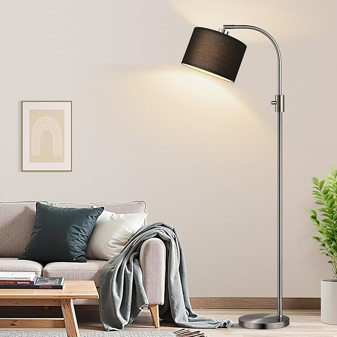 【Upgraded】 Dimmable Floor Lamp, 1200 Lumens LED Bulb Included, Brushed Nickel Arc Floor Lamps for Living Room Modern Standing Lamp with Black Shade, Tall Lamp for Living Room Bedroom Office Office