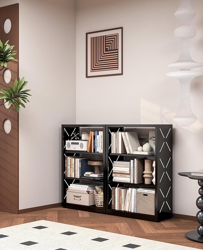 Metal Book Shelf, 3-Tier Adjustable Bookcase with Anti-Tip Kit & Leveling Feet, Heavy-Duty Metal Storage Organizer, Modern Corner Shelves for Bedroom, Garage, Home Office