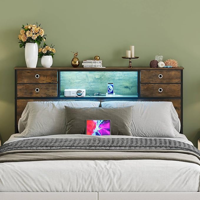 GiftGo Queen Size Headboard with 4 Fabric Storage Drawers Charging Station LED Light Adjustable Height Storage Rack Sturdy and Stable Metal Frame & Wood Shelf (Rustic Brown, Queen (U.S. Standard))