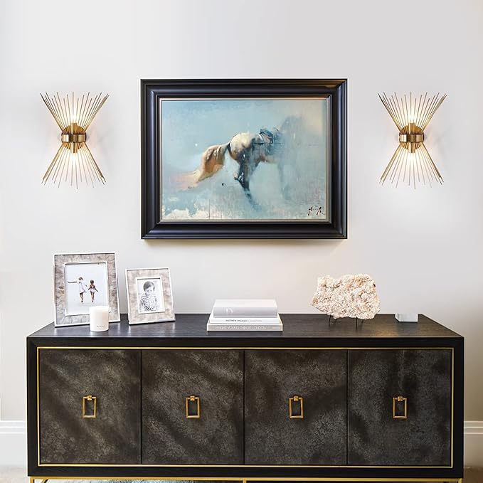 VILUXY Mid-Century Wall Sconces Antique Brass Brush Paint Finish Bedside Wall Sconce Lighting Fixture with Starburst Shade for Bedroom, Hallway, Entryway, Passway, Bathroom, Vanity 2 Pack