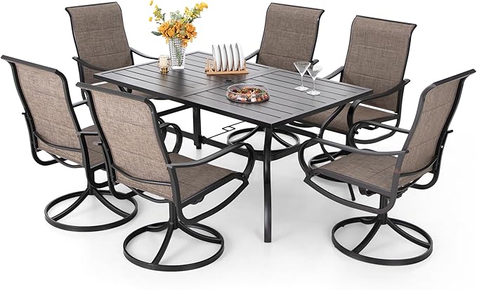 PHI VILLA 7 Piece Patio Dining Set for 6, 1 Large Metal Table and 6 Outdoor Dining Chairs with High Back and Padded Textilene, Outdoor Furniture Set for Garden, Yard