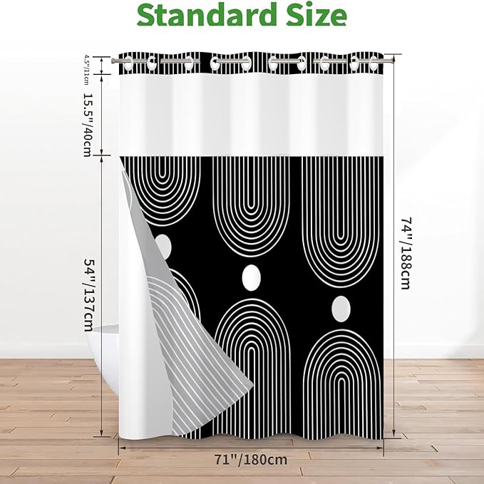 No Hook Shower Curtain with Snap in Liner, Black and White Mid Century Modern Arch Heavy Duty See Through Window Waterproof Machine Washable Bathroom Curtain 71" W x 74" L (Pack of 1)