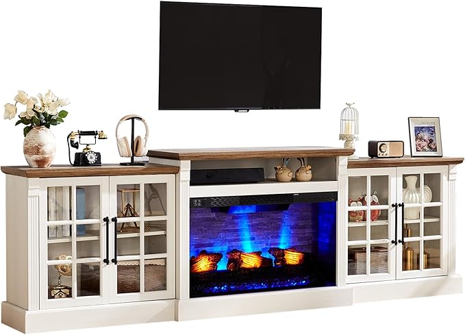 AMERLIFE 97" Farmhouse Fireplace TV Stand, Entertainment Center with Large Storage Space and Adjustable Shelf, Media Console for Living Room, White/Barnwood