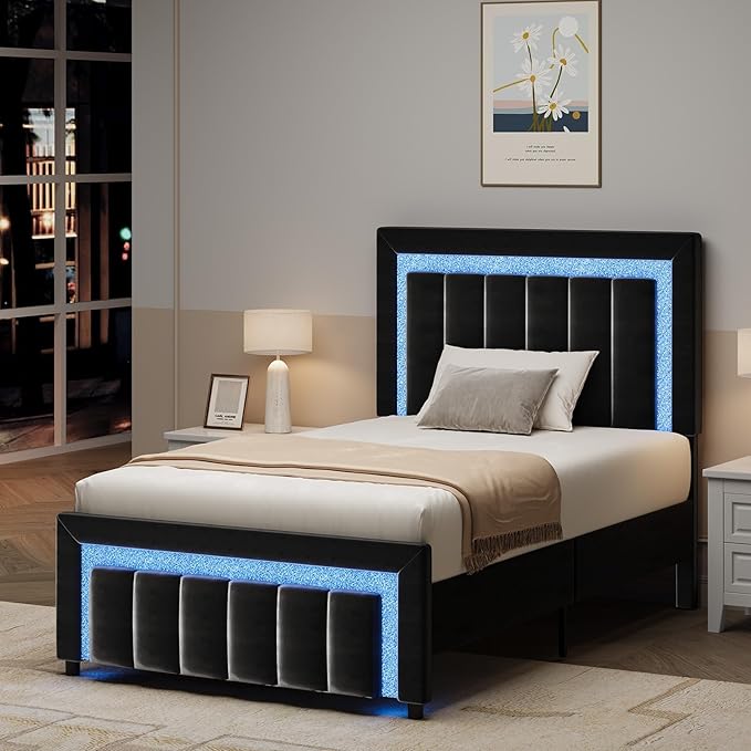 HOMBCK Twin Size Bed Frames with LED Lights and Velvet Upholstered Headboard, Bed Frame Twin with Modern Diamond Headboard Adjustable, Wooden Slats Support, Noise Free, No Box Spring Needed, Black