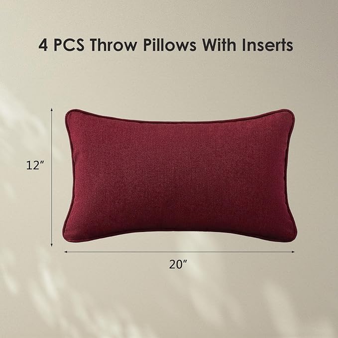 Sunbrella Decorative Outdoor Water Repellent Throw Pillows with Inserts, Set of 4, 20" x12" Pillows for Patio, Backyard, Bed, Couch, and Patio Furniture, Spectrum Ruby