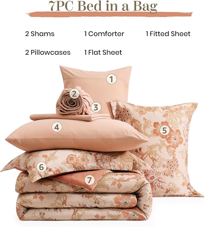 King Comforter Set -7 Pieces Terrecotta Floral Comforter Set for All Seasons, Bed in a Bag King with Botanical Flowers Comforter, Sheets, Pillowcases & Shams