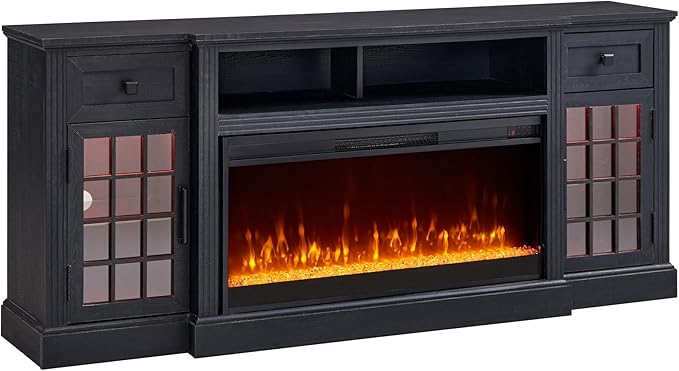 JXQTLINGMU Fireplace TV Stand for 80 Inch TV, Farmhouse Highboy Entertainment Center w/LED Lights & 36" Electric Fireplace, Large Media Console w/Glass Door Cabinet & Storage Drawer, Black