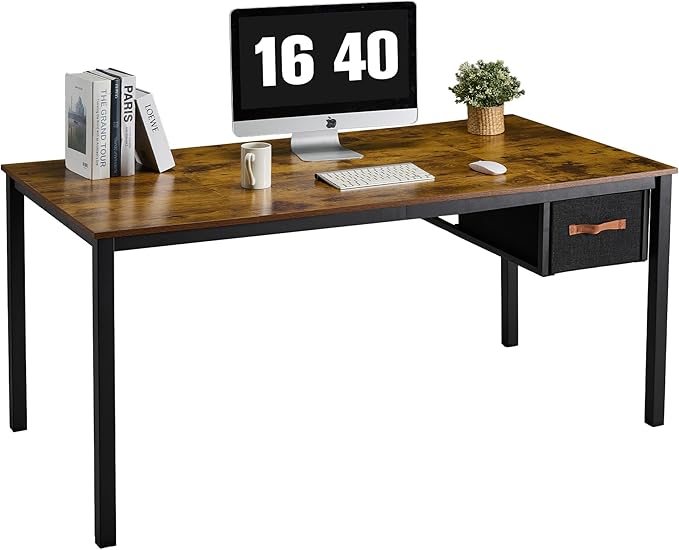 Computer Desk with Drawer, 63 Inch Large Home Office Work Desks, Modern Writing Study PC Desk Gaming Table for Bedroom Home, Stable Thick Metal Legs Frame Support (Rustic Brown)