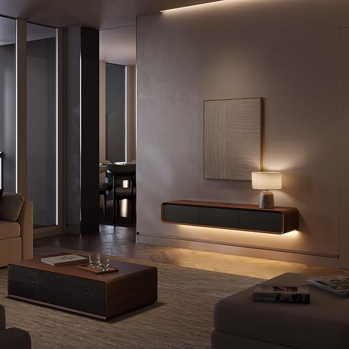 POVISON Fully Assembled Floating TV Stand with LED Lights, 63" Modern Wall-Mounted Media Console with 3 Flip-Down Cabinet Doors, Solid Wood Floating Entertainment Center for 55 Inch TV