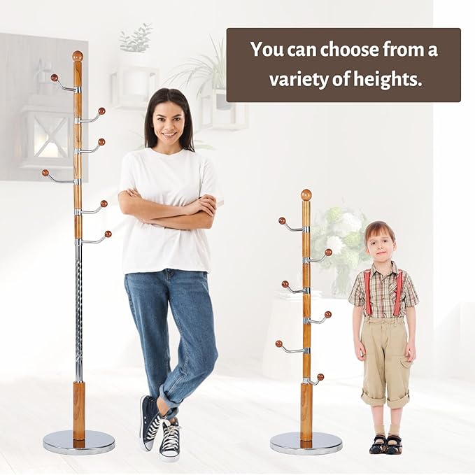 Coat Rack Freestanding, Metal Wooden Coat Tree with 6 Hooks, Heavy Duty Coat Hanger Stand with Resin and Stainless Steel Base, Free Standing Hall Tree for Scarf, Bag, Jacket (Metal)