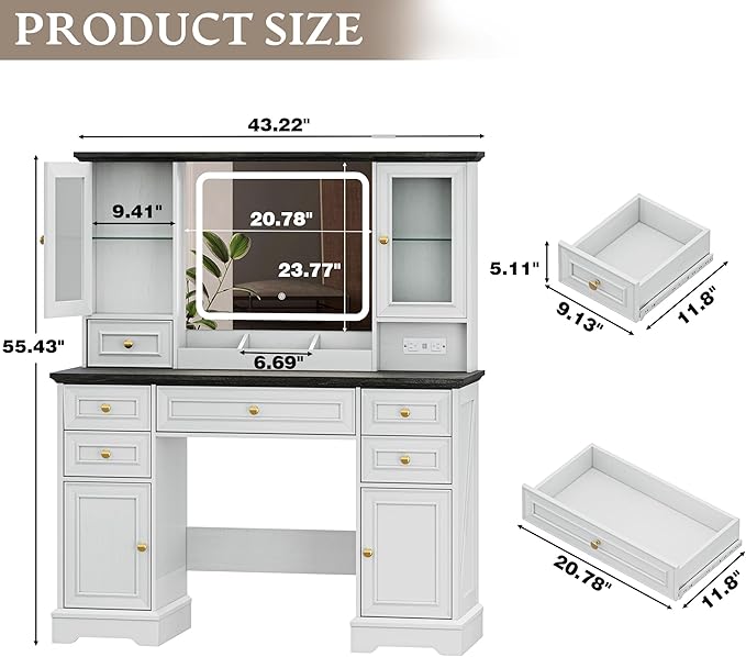 Vanity Desk with HD Lighted Mirror & Power Outlet, Farmhouse Makeup Vanity Table Set with Storage Drawers & RGB Cabinets, Large Dressing Table with 3 Lighting Modes for Women Girls Kids Bedroom, White