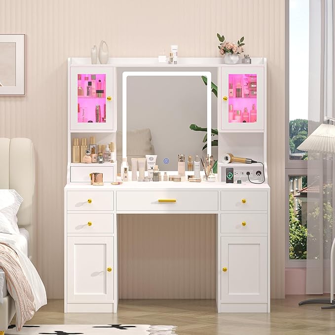 Vanity Desk with Mirror and Lights, White Makeup Vanity Table with Charging Station,Large Vanity Desk with 6 Drawers & 2 RGB Cabinet, Dressing Table Set with Lighted Mirror Adjustable, for Bedroom
