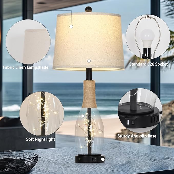28" Boho Glass Table Lamps Set of 2, Touch Control Bedside Lamps with 2 USB Ports and Outlet, Rattan Lamp with Night Light for Nightstand Living Room Bedroom, 2 LED Bulbs Included, Black