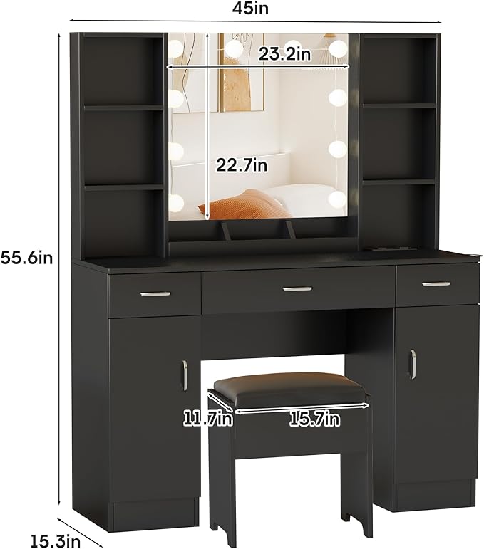 Makeup Vanity Table with Lighted Mirror & Outlets, Large Vanity Set Vanity Desk with Lots of Storage, 9 Drawers, 3 Lighting Modes Brightness Adjustable, 45inch