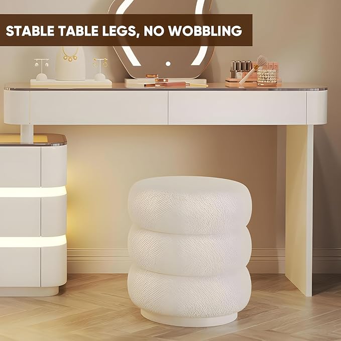 Vanity Set - Solid Wood Vanities Desk with LED Smart Mirror and Drawers, Modern Vanity Table with Glass Countertop and Makeup Stool, Vanities for Bedroom, Gifts for Her (White)