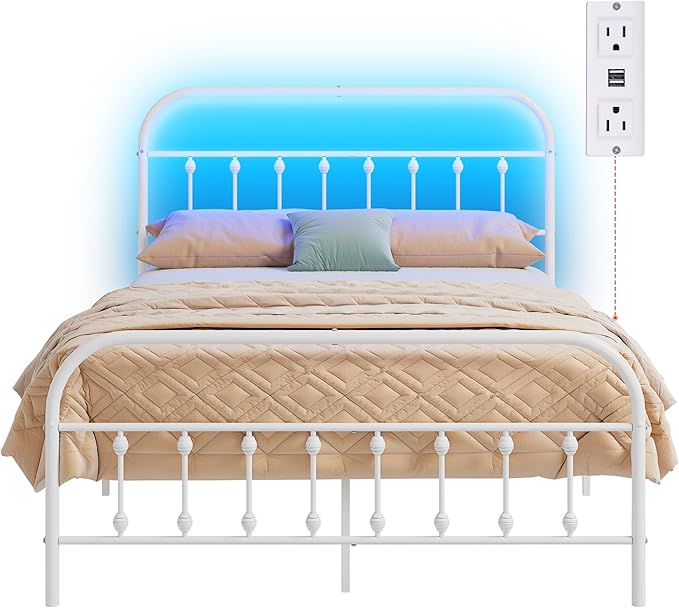 WLIVE Full Size Bed Frame with Headboard, Full Bed Frame with LED Lights and Charging Station, Metal Platform Bed with Storage, White